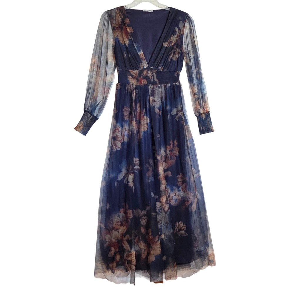 Baltic Born Layla Navy Floral Tulle Maxi Dress Sheer Long Sleeve Smocked V-Neck